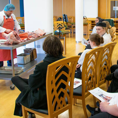 Karl Jones, Food Technologist with the Food Technology Centre, giving Hospitality and Catering learners a butchery masterclass
