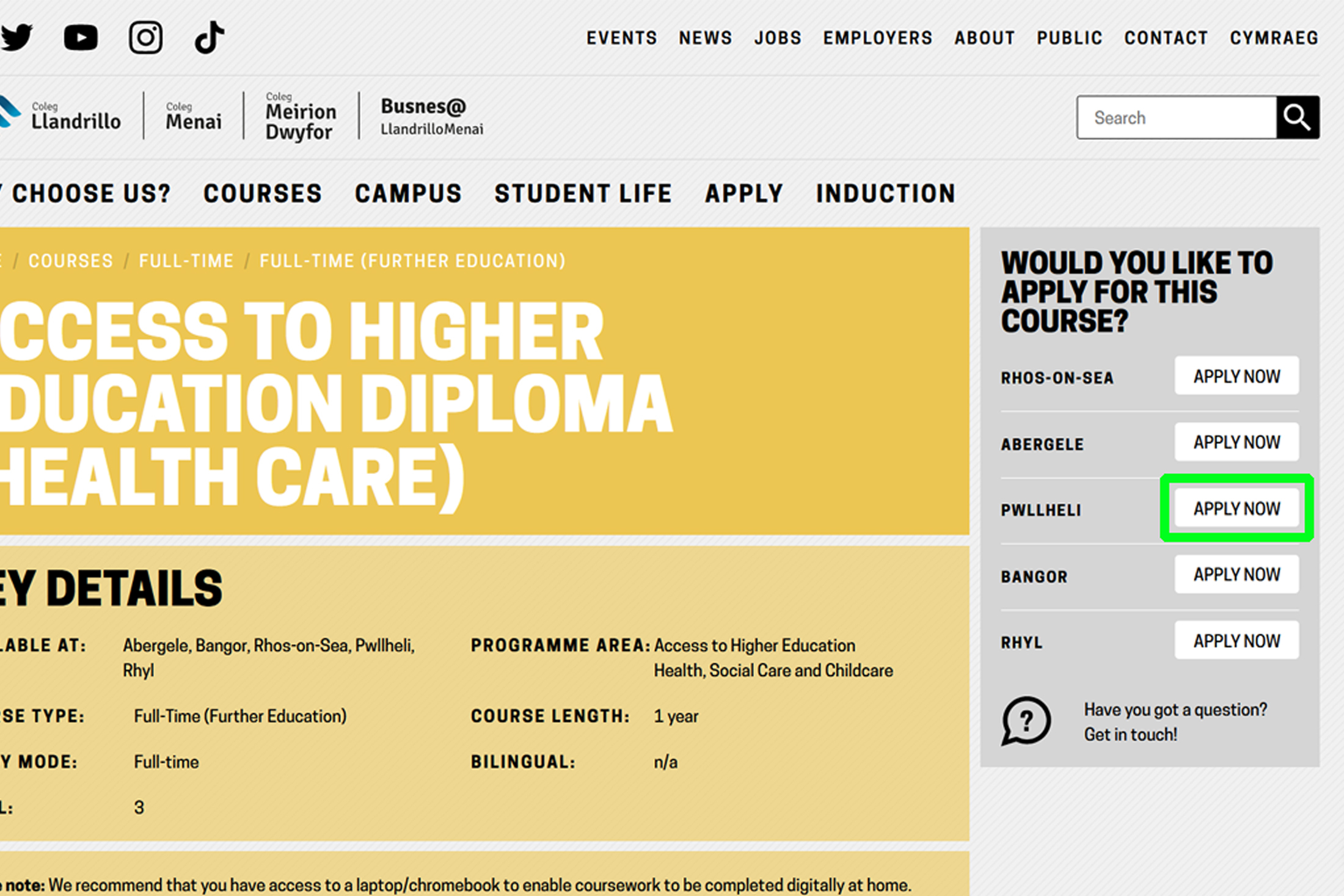 Step 2 - Select your campus from the course information page
