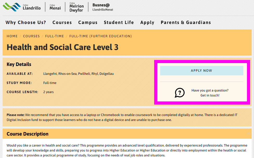 Step 2 - Select your campus from the course information page