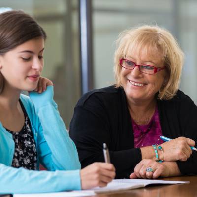 Two students in a classroom