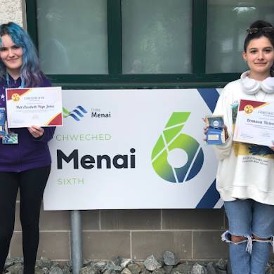 Nell Jones and Branwen Griffith with their awards and certificates after winning the Enterprise Challenge