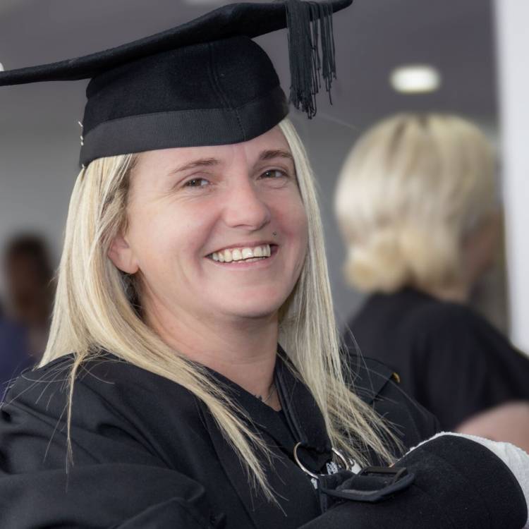 Sioned Evans at the Grŵp Llandrillo Menai graduation ceremony at Venue Cymru