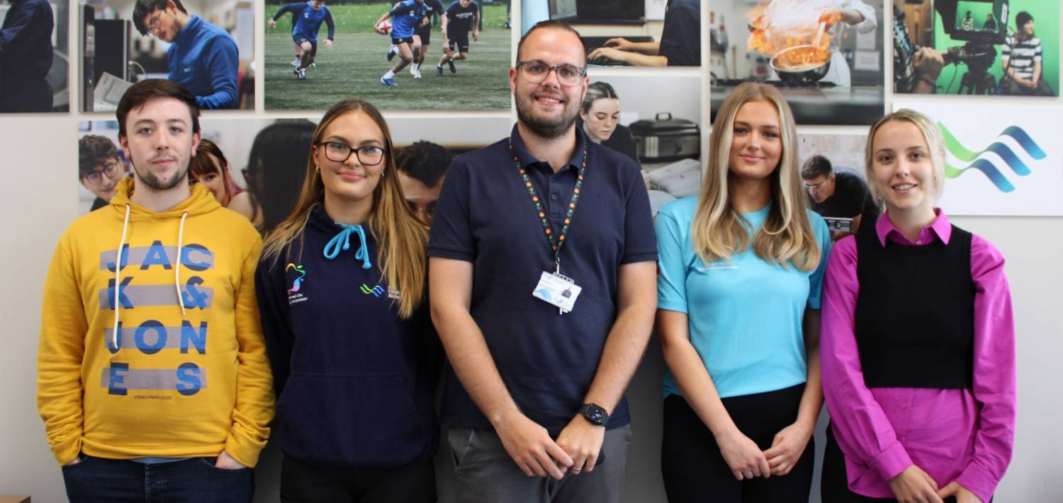 Student Union presidents Jason Scott, Kyra Wilkinson, Claire Bailey and Kayleigh Griffiths with Student Enrichment Officer Aaron Beacher