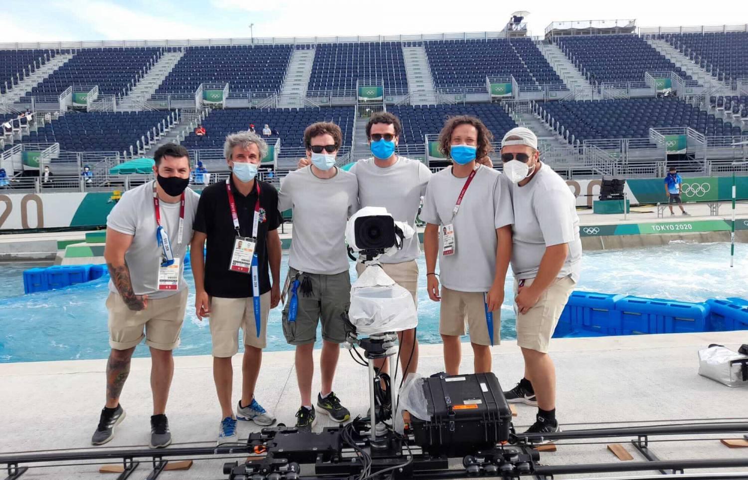Michael Kitchin with colleagues while working as a special cameras operator at the Tokyo Olympics