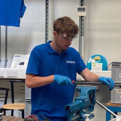 Tomos Jones working at Stansted Airport as an apprentice with Ryanair Engineering