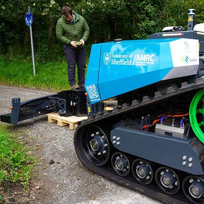 The AgBot, a fully-autonomous tractor, at Coleg Glynllifon’s farm