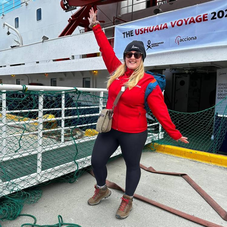 Dr Kathryn Whittey boarding a ship in Ushuaia, Argentina, on her way to Antarctica
