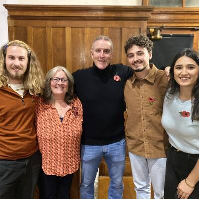 Iolo Williams with Coleg Meirion-Dwyfor lecturer Barbara Morgan and former students Rob Whittey, Osian Lewis-Smith and Rabia Ali