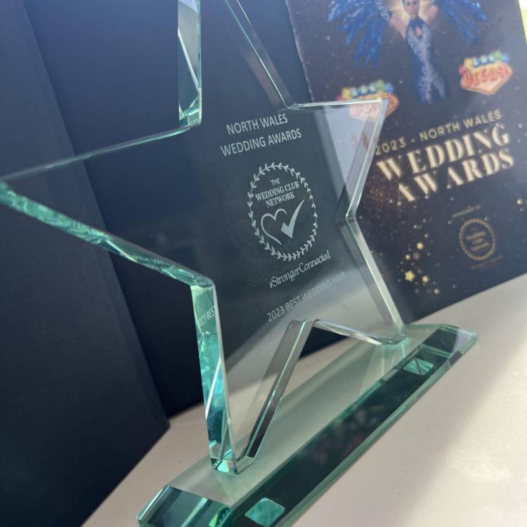 Heather Wynne’s trophy for winning 2023 Best Wedding Hair at the North Wales Wedding Awards