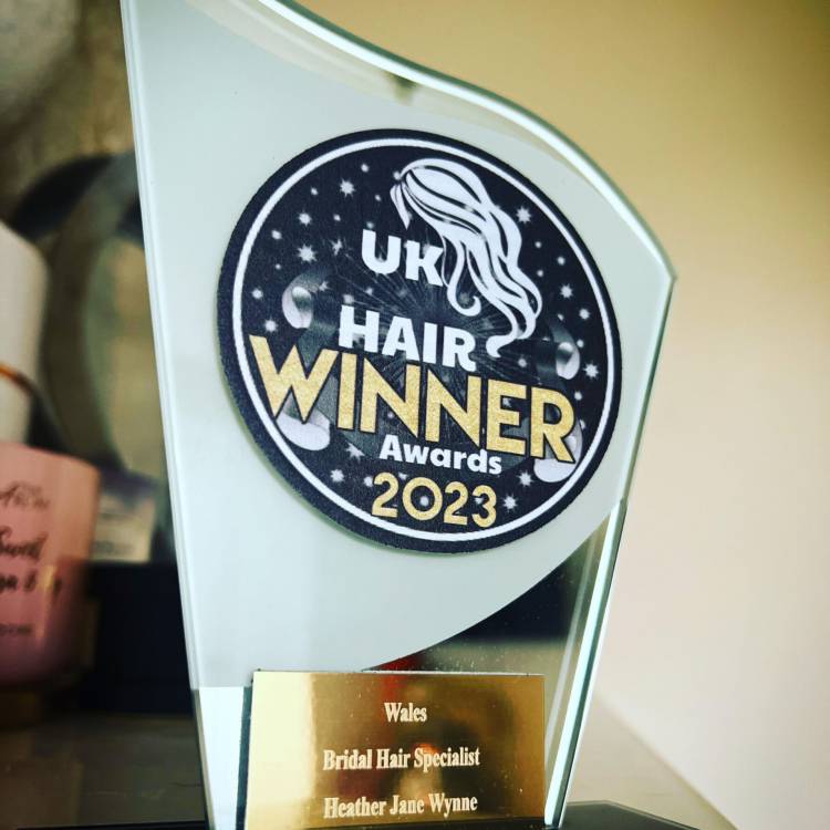 Heather Wynne’s trophy for winning Wales Bridal Hair Specialist at the UK Hair Awards 2023