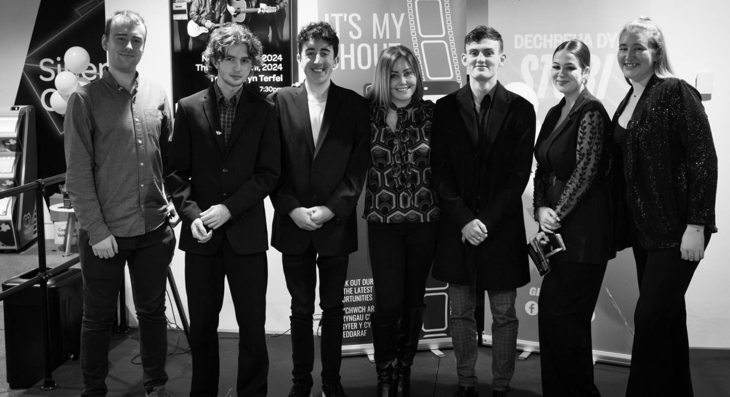 Coleg Menai students with The Hunger Pang gang director Ceri Bostock at the 2023 It’s My Shout premiere at Pontio in Bangor