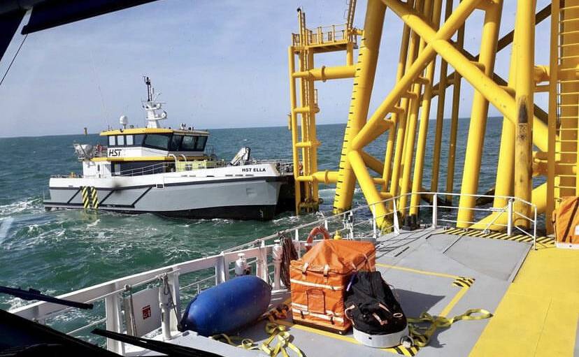 A boat completing a ‘push-on’ to a wind turbine