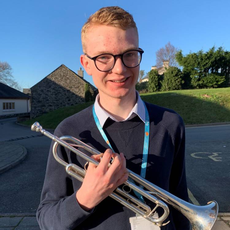 David Bisseker with his trumpet at Coleg Meirion-Dwyfor in Pwllheli