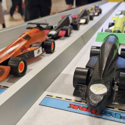 Cars ready to race at the F1 in Schools event at Denbigh Leisure Centre