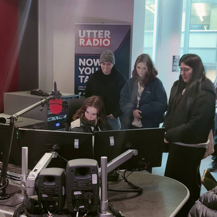 Coleg Meirion-Dwyfor students in a radio studio in Media City UK, Salford