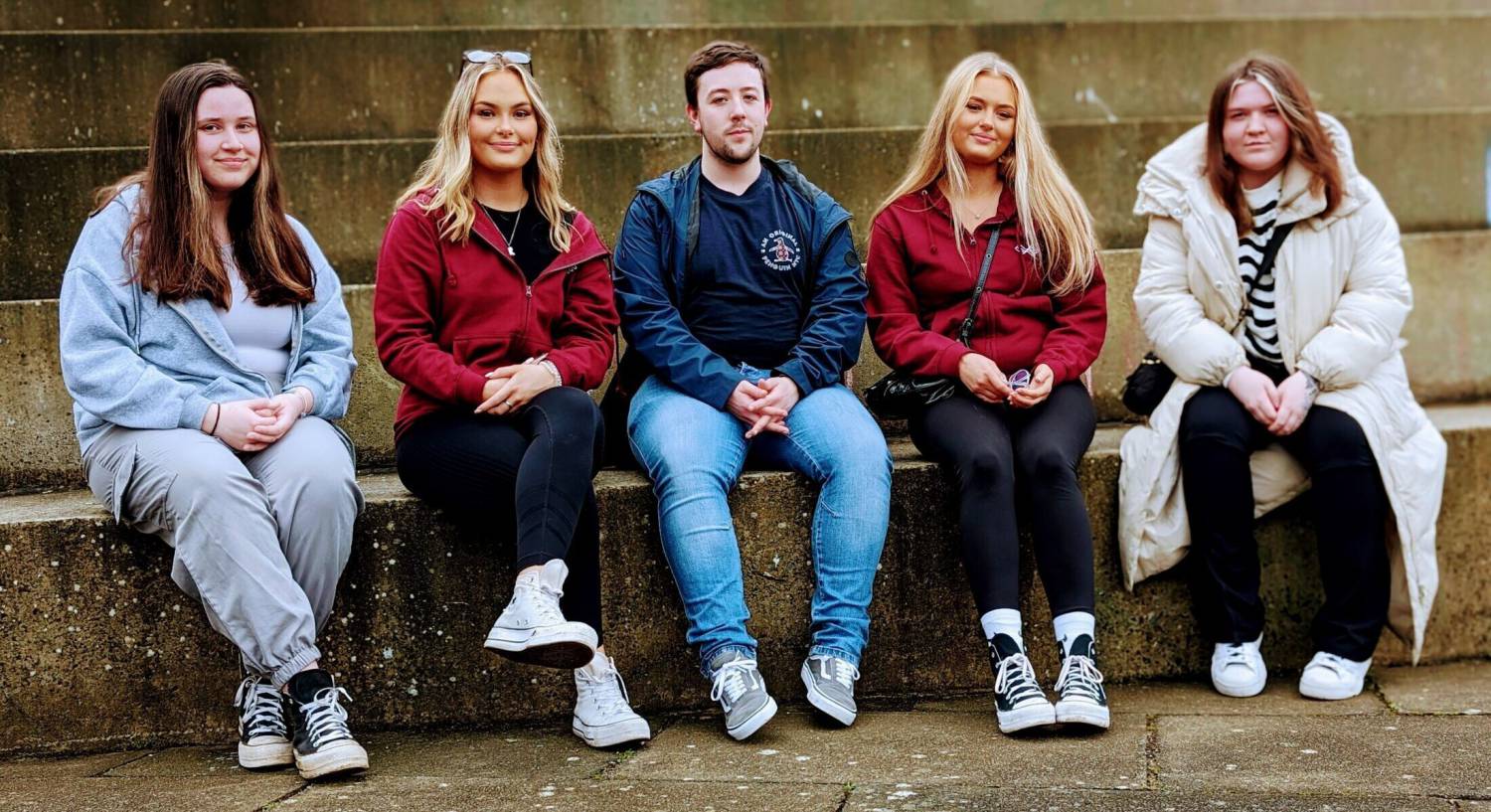 Grŵp Llandrillo Menai Student Union presidents (left to right) Alaw Jones, Kyra Wilkinson, Jason Scott, Claire Bailey and Cara Haf Parry