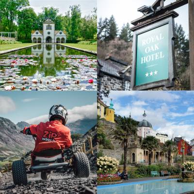 A composite picture showing Bodnant Garden, the Royal Oak Hotel in Betws y Coed, Zip World and Portmeirion