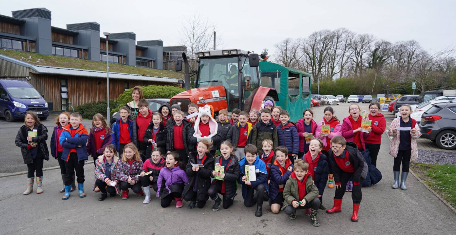 Schoolchildren with a tractor at Glynllifon
