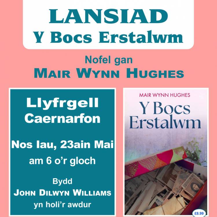 A poster advertising the launch of novel Y Bocs Erstalwm at Caernarfon Library