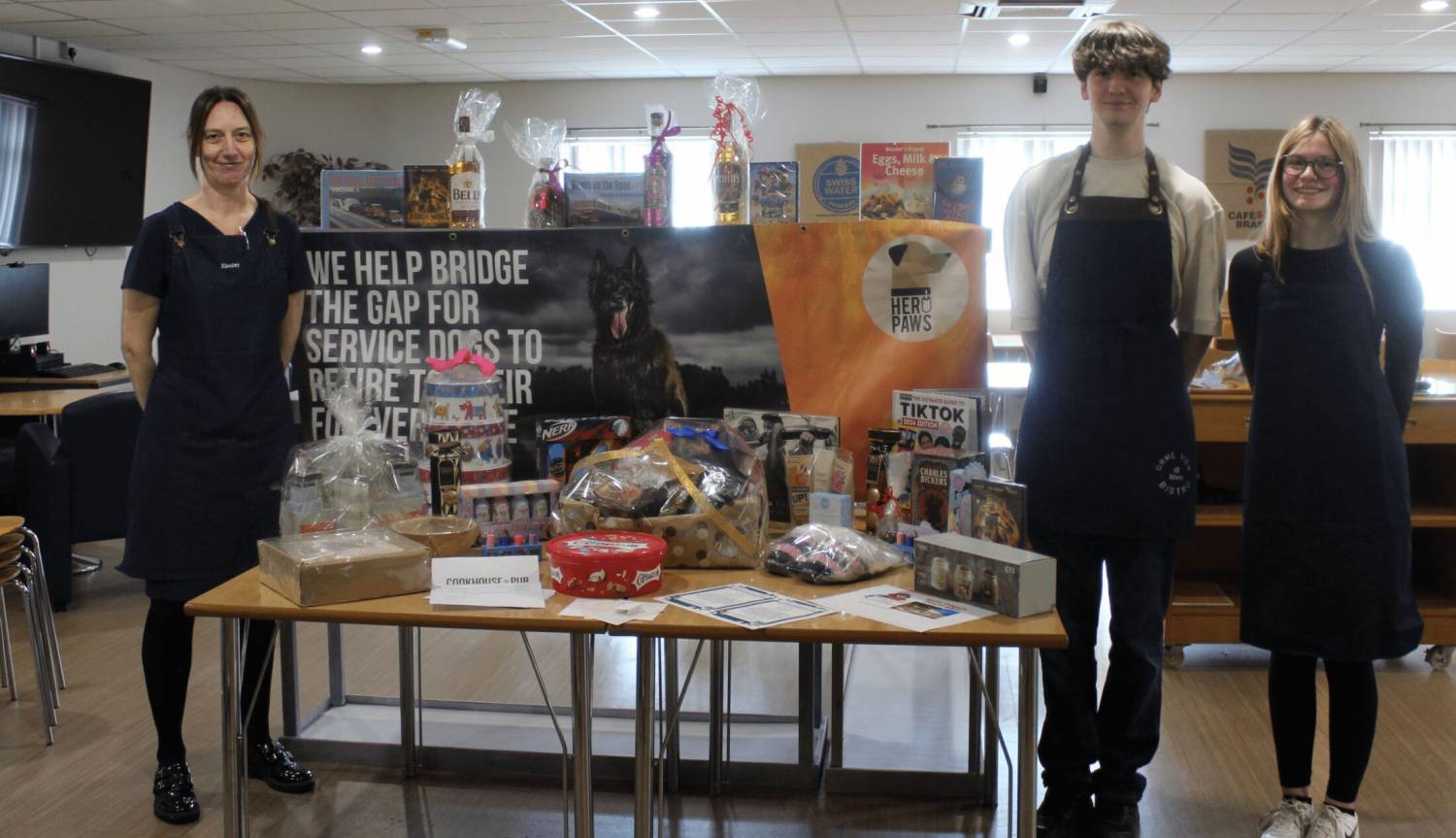 Hazel Ramsay and students with the prizes for the Hero Paws raffle