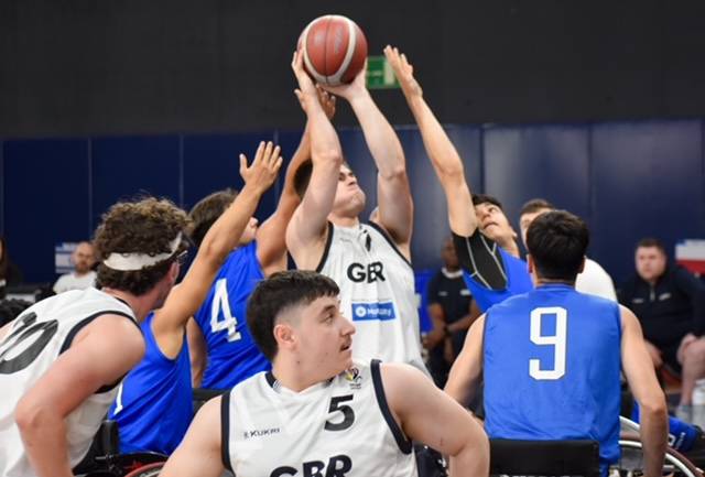 Alex Marshall-Wilson playing for Great Britain in the European under-23 wheelchair basketball championships