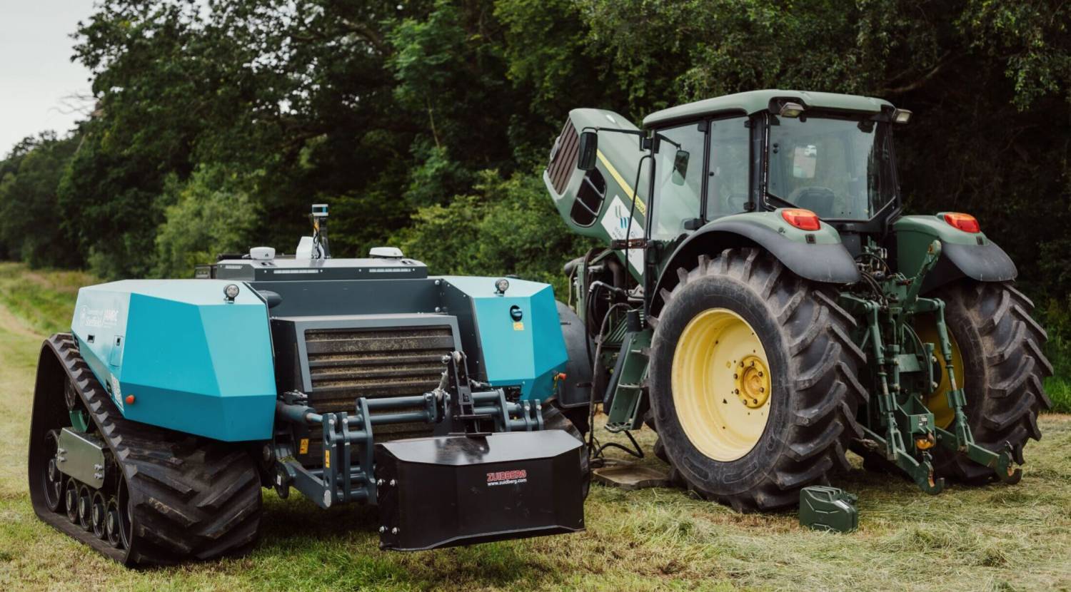 The AgBot and a Fendt 516 tractor on the Tyn Rhos field at Coleg Glynllifon’s farm