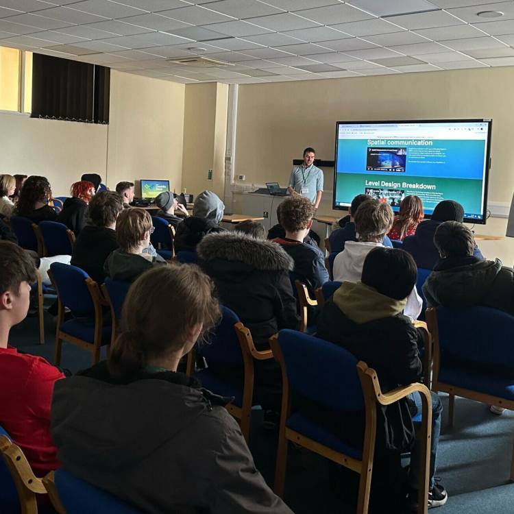 Games designer Peter Field talking to students at Coleg Llandrillo