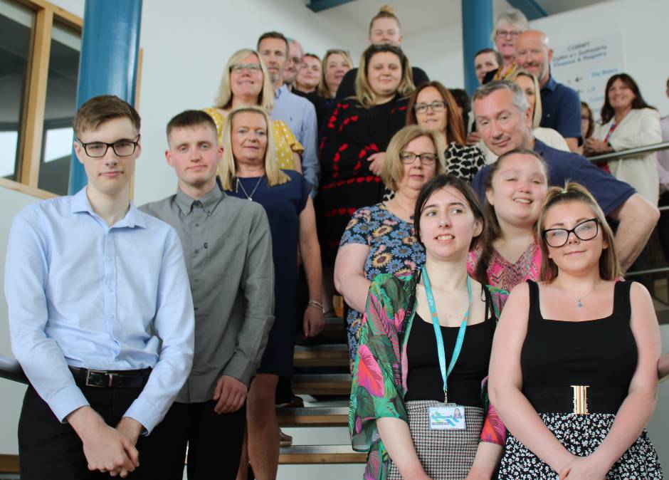 Learners celebrating at Coleg Llandrillo in Rhos-on-Sea after completing their Project SEARCH internships