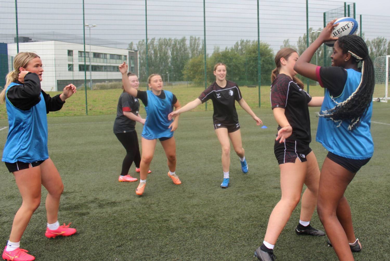Rugby academy students training on the 3G pitch at Coleg Llandrillo in Rhos-on-Sea