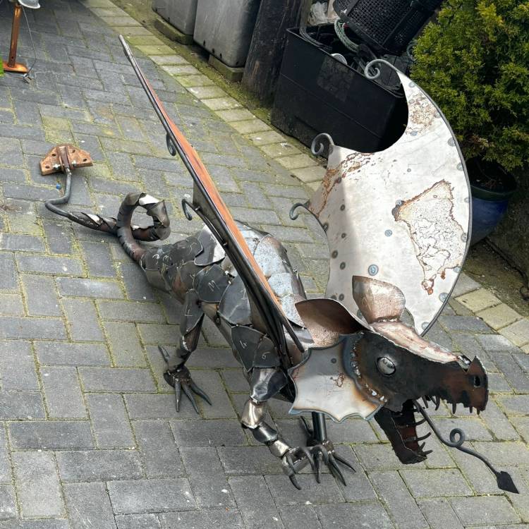 A steel dragon created by Coleg Menai students Dai Ifor Evans-Jones, Cai Roberts and Harry Vanmaele