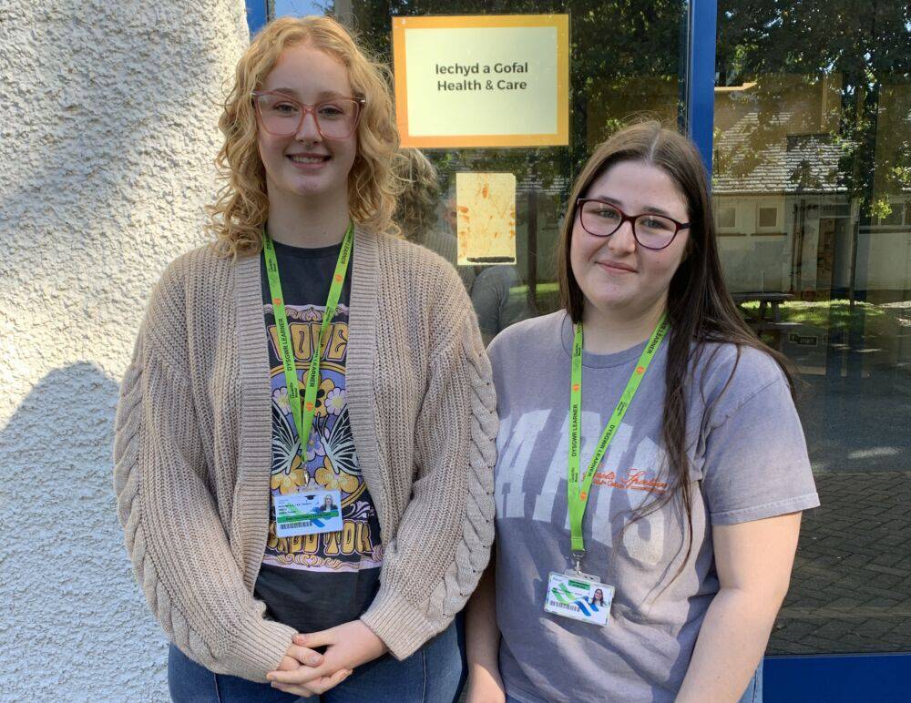 Coleg Menai Health and Social Care students Sophie Dickens and Ffion Jones