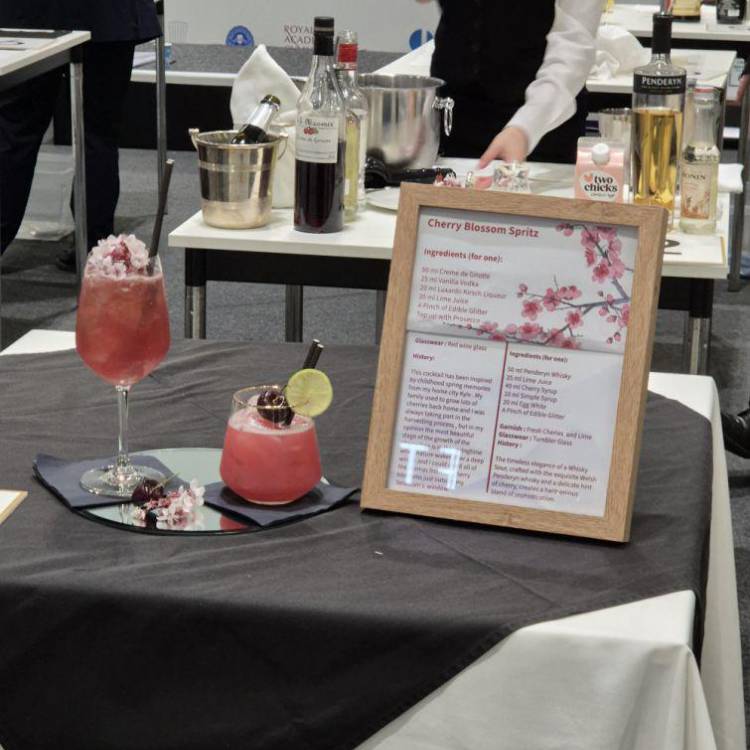 A cherry blossom spritz and cherry whisky sour created by Coleg Llandrillo student Yuliia Batrak