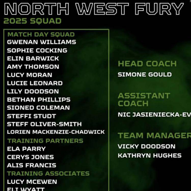 A graphic showing North West Fury’s 2025 squad for the National Netball League