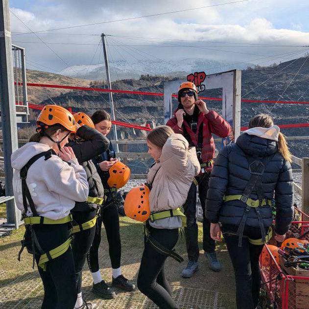 School students preparing to go on the zip wire at Zip World’s Penrhyn Quarry site
