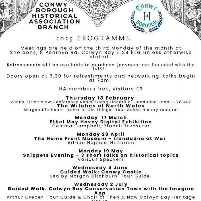 A flyer advertising the 2025 programme of talks and events by the Conwy Borough Historical Association Branch