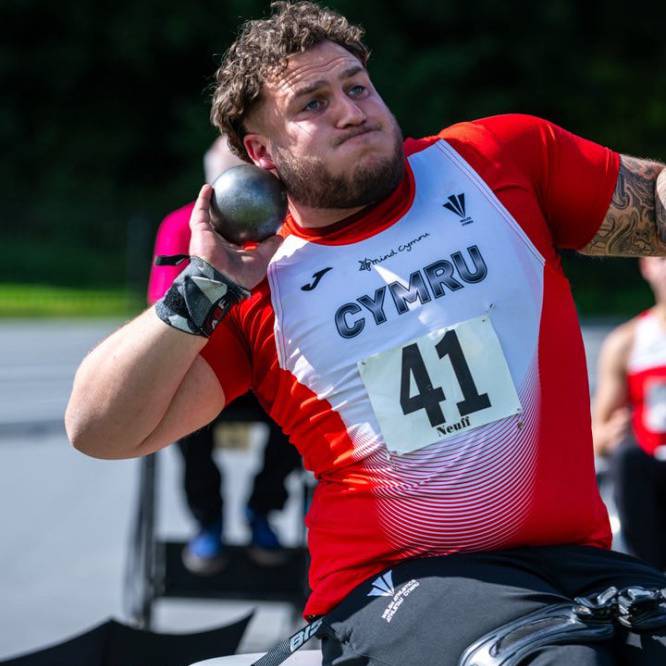 Former Coleg Menai student Kieran Jones competing for Wales in the seated shot put