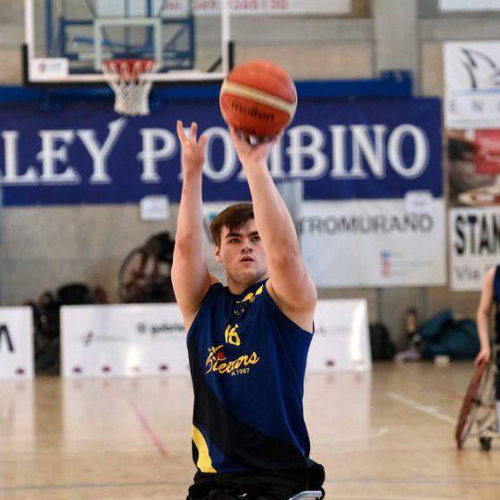 Wheelchair basketball forward Alex Marshall-Wilson lining up a shot while playing for Sheffield Steelers