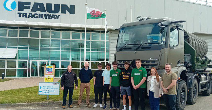 Coleg Meirion-Dwyfor students with FAUN Trackway staff members Gwyn Parry, Gareth Williams, Ellie Roberts and Rhodri Farrer.