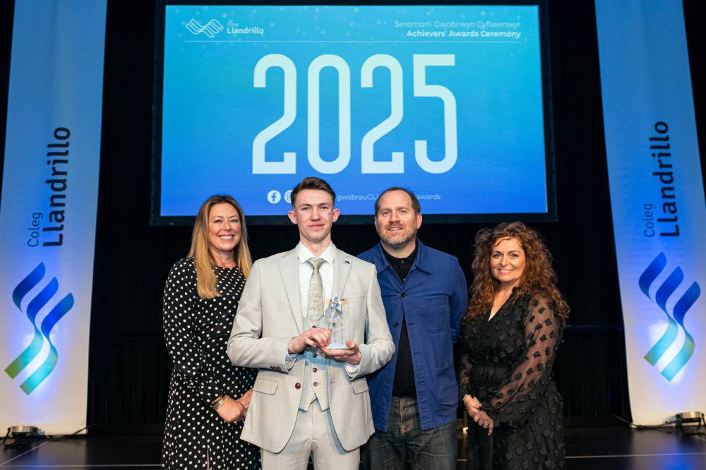 Coleg Llandrillo Assistant Principal Sam McIlvogue, Isaac Williams, Bryn Williams and programme area manager Wendy Pierce Thompson
