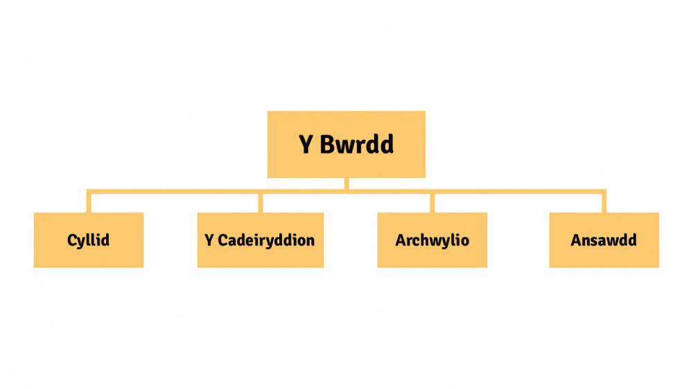 Graffeg yn dynodi strwythyr Y Bwrdd a'r Pwyllgorau